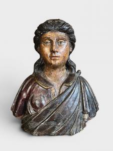 Busto de anjo em madeira policromada e lacada - Século XVII